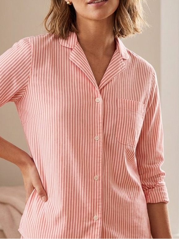 $10 Final Price Uniqlo Striped Button-Down Shirt | Pink & White Long Sleeve Ca